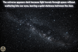 Photorealistic illustration of a star-filled night sky with a dense Milky Way band, illustrating how space can look dark even while filled with distant light.