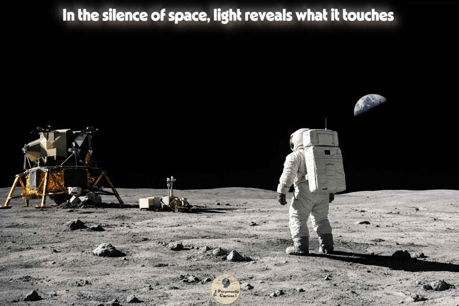 Photorealistic lunar scene showing an astronaut and lunar lander on a sunlit surface, with Earth in the distance against a completely black sky.