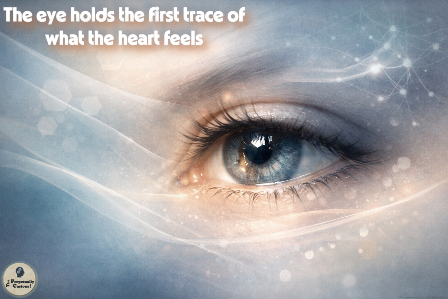 Illustration of a calm human eye surrounded by soft blue light, flowing translucent lines, and subtle neural patterns that suggest emotion reaching the surface.
