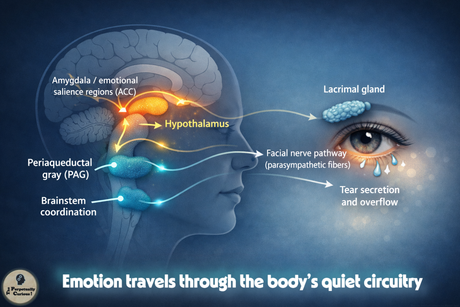 Rendering of a simplified emotional crying pathway showing emotional salience regions, the hypothalamus, periaqueductal gray, brainstem coordination, the facial nerve pathway, the lacrimal gland, and tear secretion.