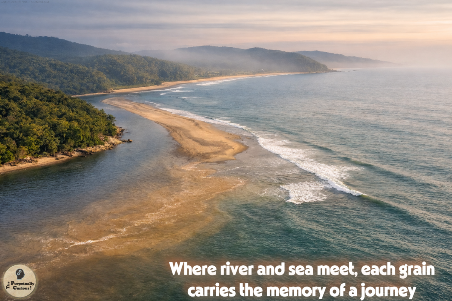 Naturalistic scene of a river meeting the sea, with visible sediment-toned water, a sandy mixing zone, forested headlands, and open coastal water.