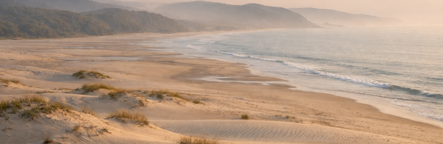 Rendering of a broad coastal dune field with wind-shaped sand ripples, sparse dune grass, distant shoreline, soft surf, and hazy hills.