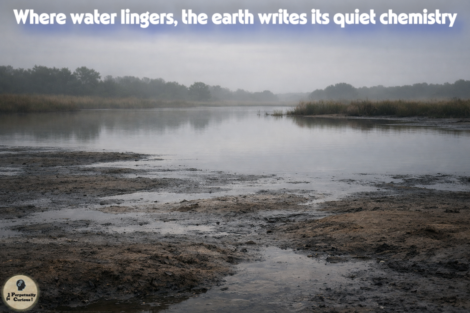 Photorealistic view of a quiet wetland mudflat beside still water, with dark wet soil in the foreground, reed-lined banks, and a muted gray sky.