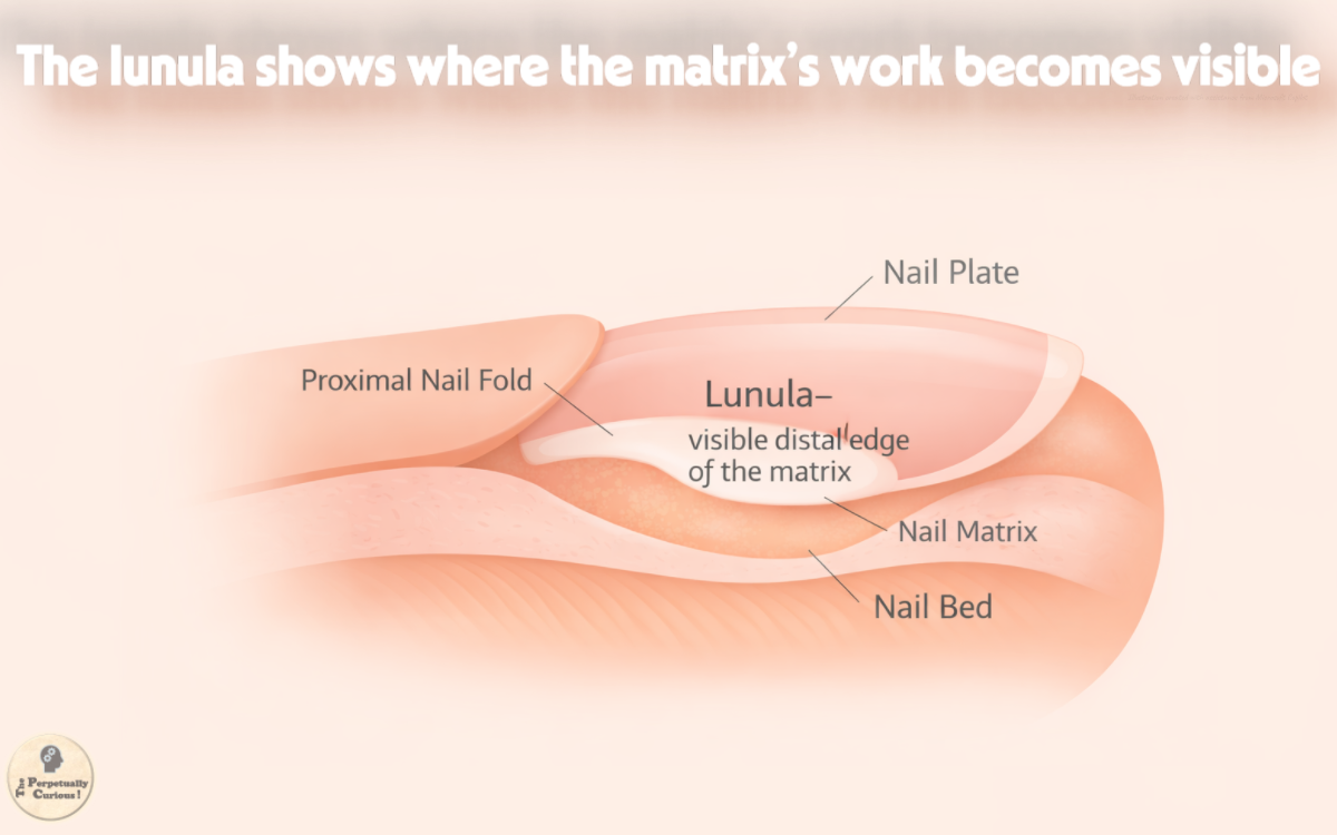 Illustration of a labeled nail cross-section showing the nail plate, proximal nail fold, nail bed, nail matrix, and lunula as the visible distal edge of the matrix.
