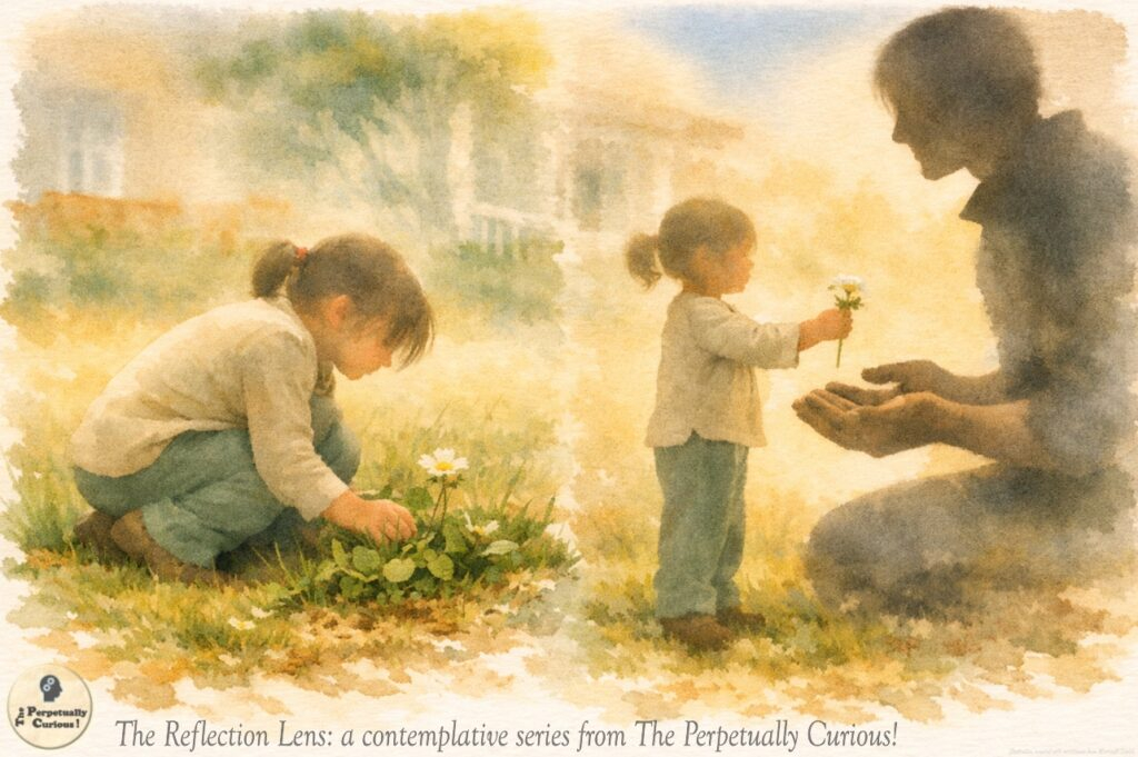 Illustration in a soft watercolor style of a young child shown in two moments on a grassy lawn: first bending close to examine small white flowers near the ground, then standing to offer one bloom to the open hands of a seated parent figure with softened facial detail.