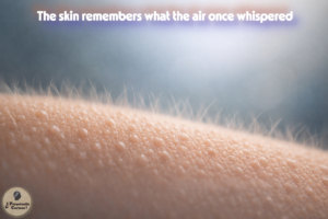 Photorealistic view of raised goosebumps and fine body hairs on human skin, with cool light and text reading, “The skin remembers what the air once whispered.”