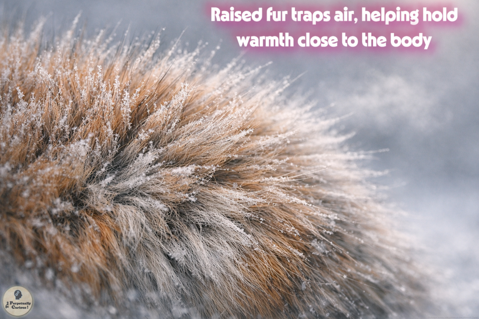 Naturalistic scene of frost-touched winter fur with lifted hair fibers, showing how dense coats can trap air close to the body in cold conditions.