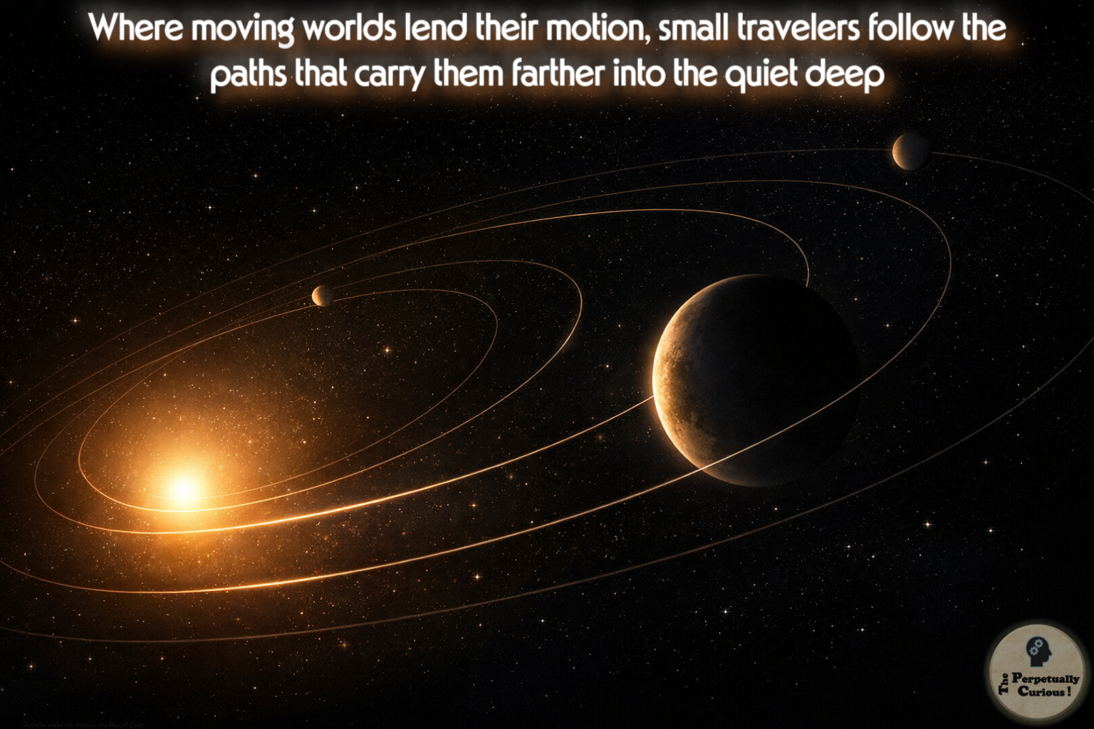 Rendering of a dark star field with a bright solar glow, several planets, and thin luminous orbital arcs suggesting planetary motion.