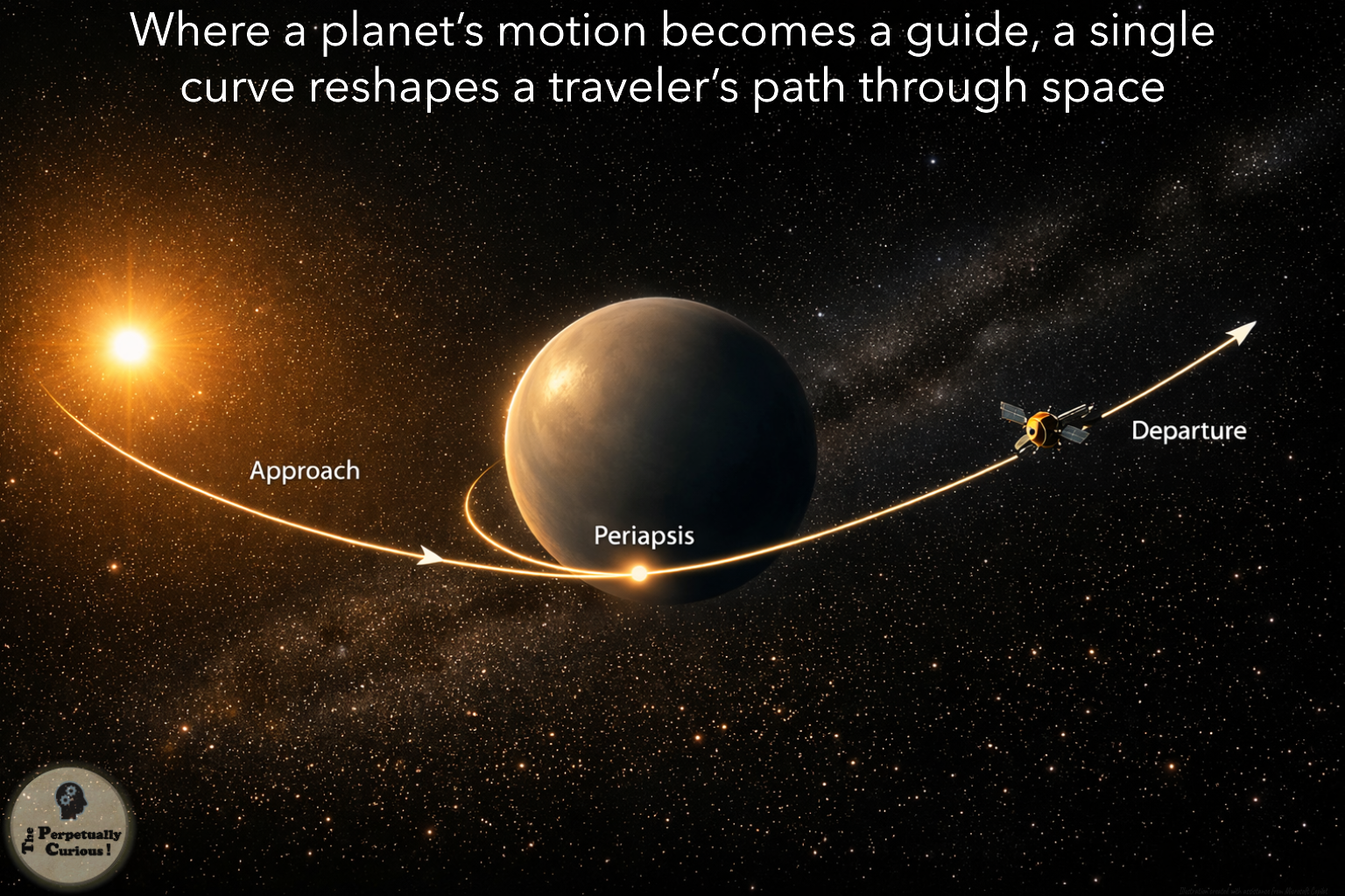 Illustration of a gravity-assist flyby with a spacecraft trajectory curving around a planet and labels for approach, periapsis, and departure.