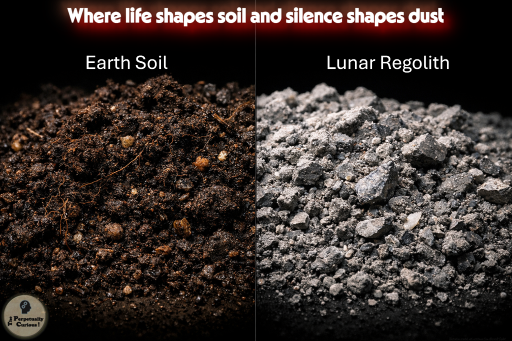 Photorealistic view of Earth soil and lunar regolith shown side by side, contrasting dark organic soil with gray impact-shaped Moon dust.