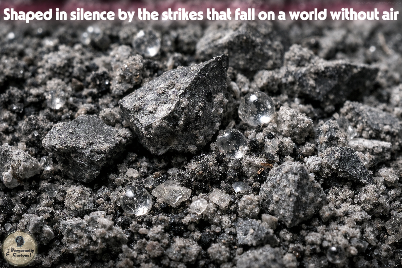 Rendering of lunar regolith grains with angular rock fragments, fine gray dust, and glassy agglutinate-like particles.