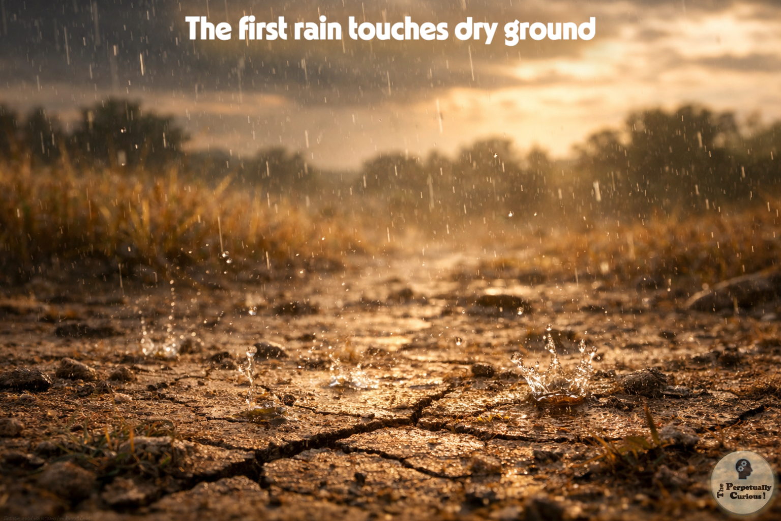 Photorealistic view of first rain falling on cracked dry soil, with raindrop splashes in warm golden light.