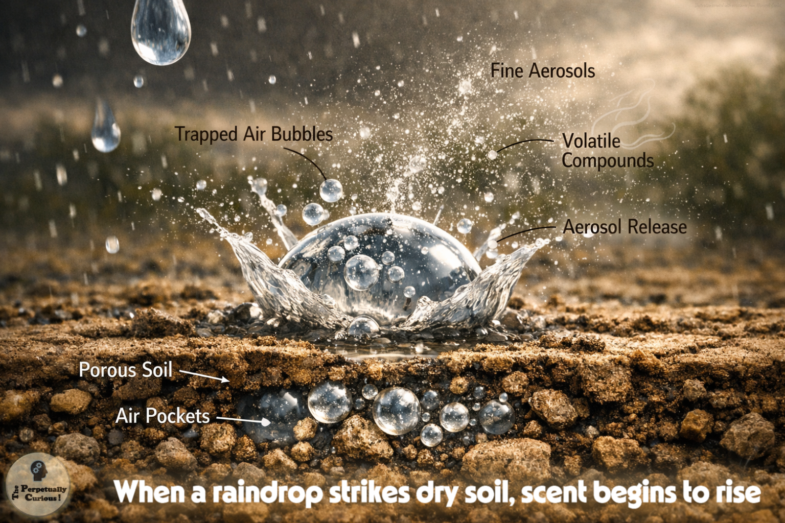 Rendering of a raindrop striking porous soil, with labeled trapped air bubbles, fine aerosols, volatile compounds, air pockets, and aerosol release.