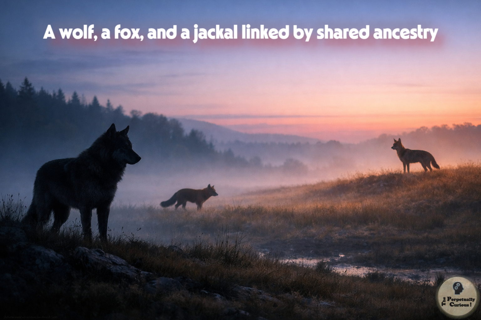 Naturalistic scene of a misty dawn landscape with a wolf, a fox, and a jackal-like canid standing apart across open ground.