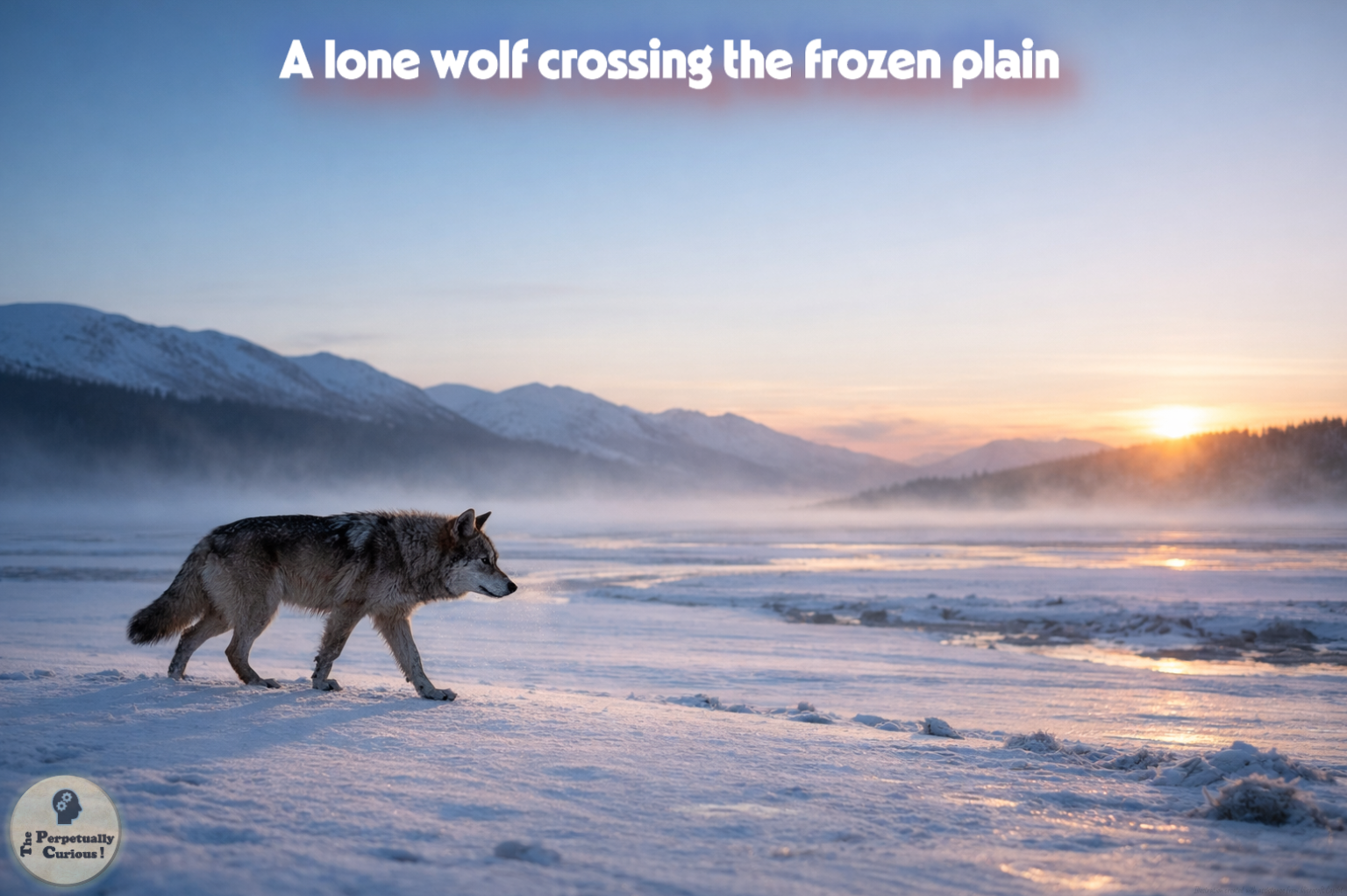Photorealistic view of a gray wolf walking across snowy open terrain at sunrise with mist, mountains, and frozen ground in the distance.