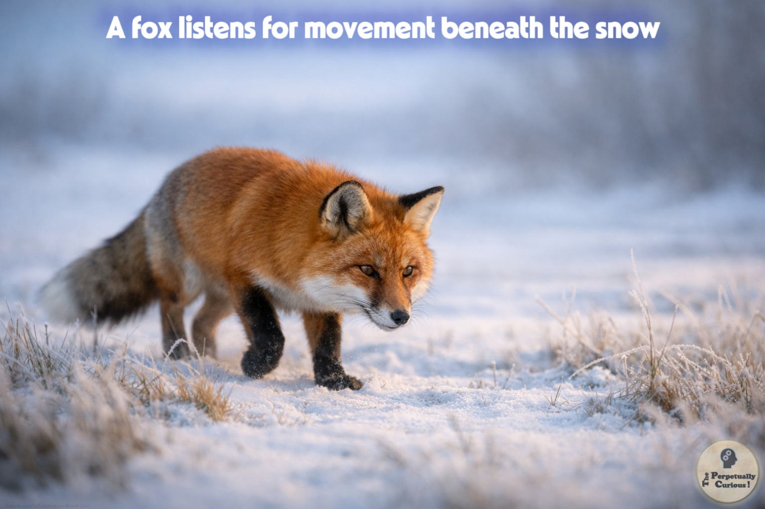 Rendering of a red fox moving low through frosted grass with forward ears, focused eyes, and a bushy tail behind it.