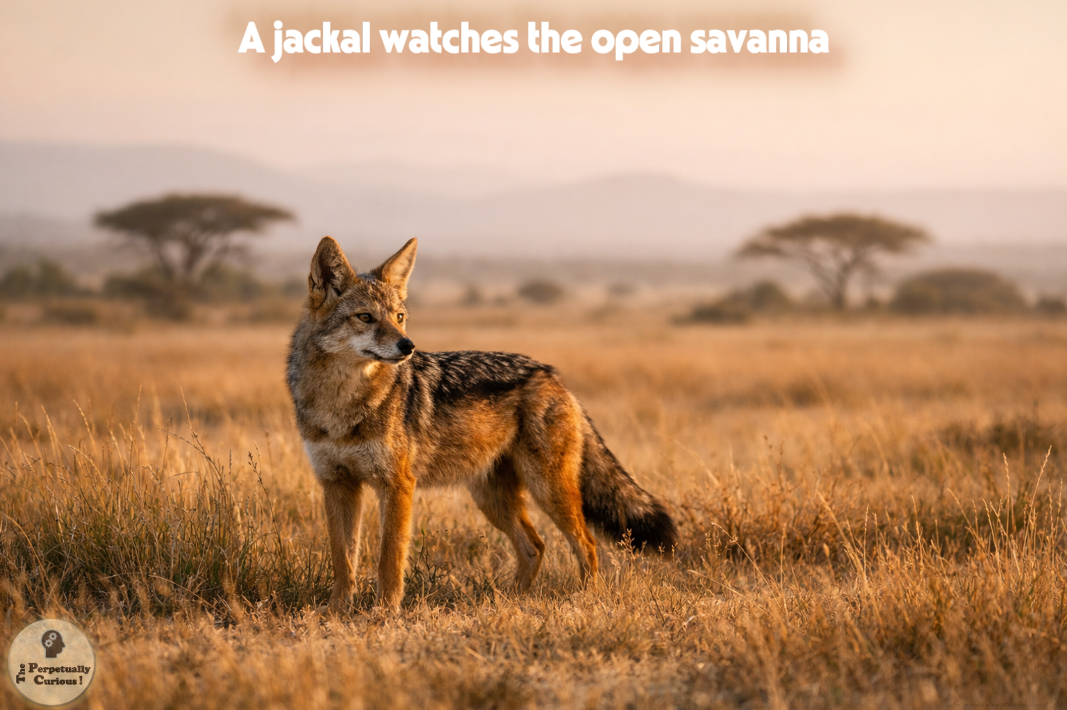 Photorealistic view of a jackal standing in golden savanna grass with flat-topped trees and distant hills in the background.