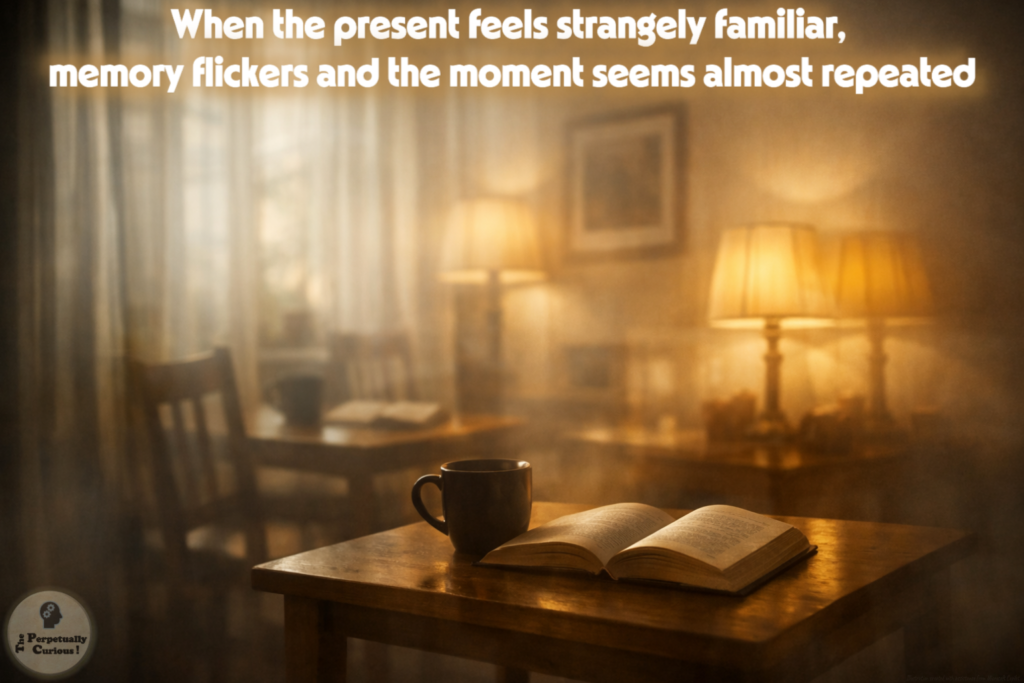 Rendering of a quiet room with warm light, an open book, a cup, and softly repeated lamps suggesting a brief feeling of familiarity.