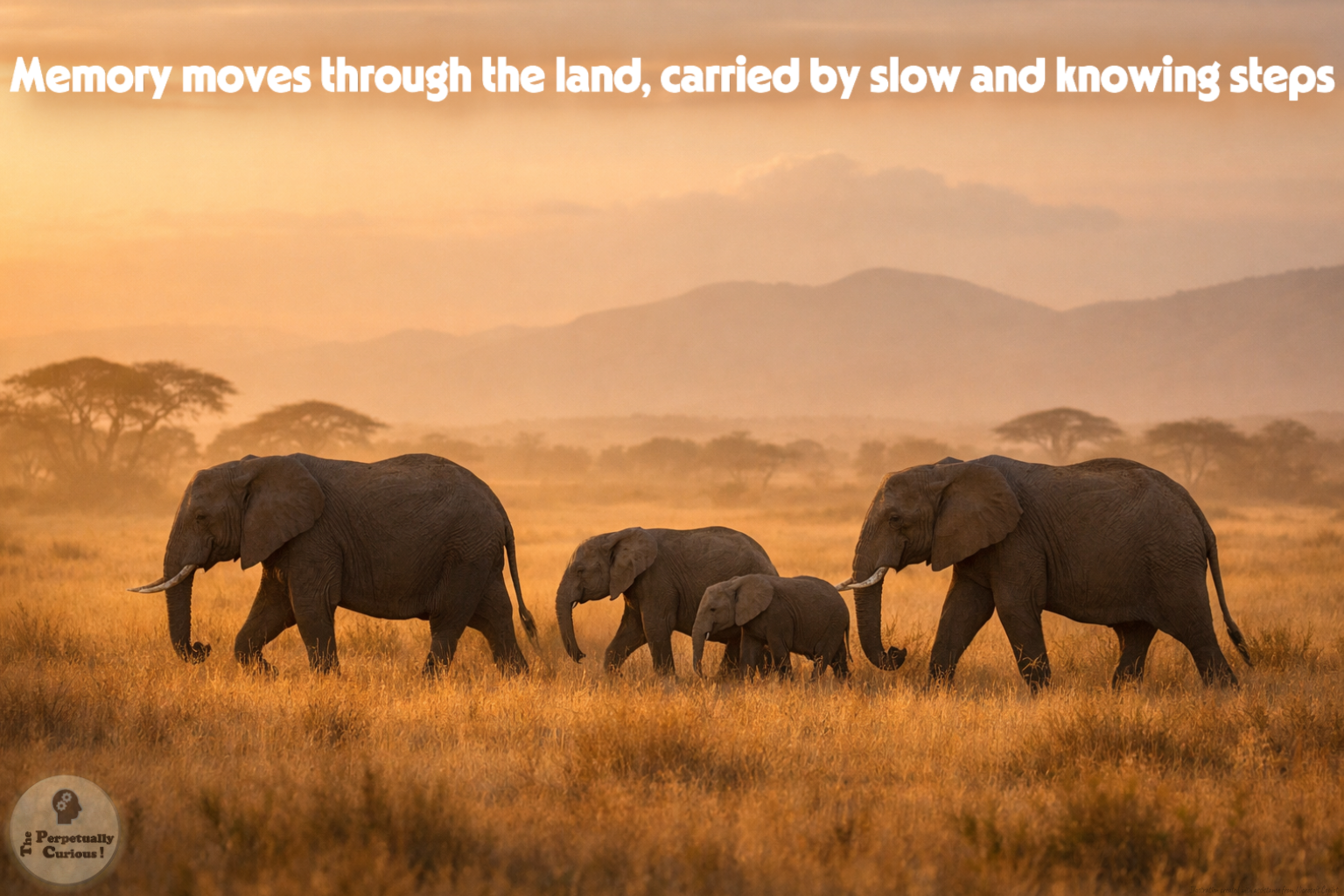 Rendering of African elephants moving through golden savanna grass at sunset, with calves between adults and visible text reading, “Memory moves through the land, carried by slow and knowing steps.