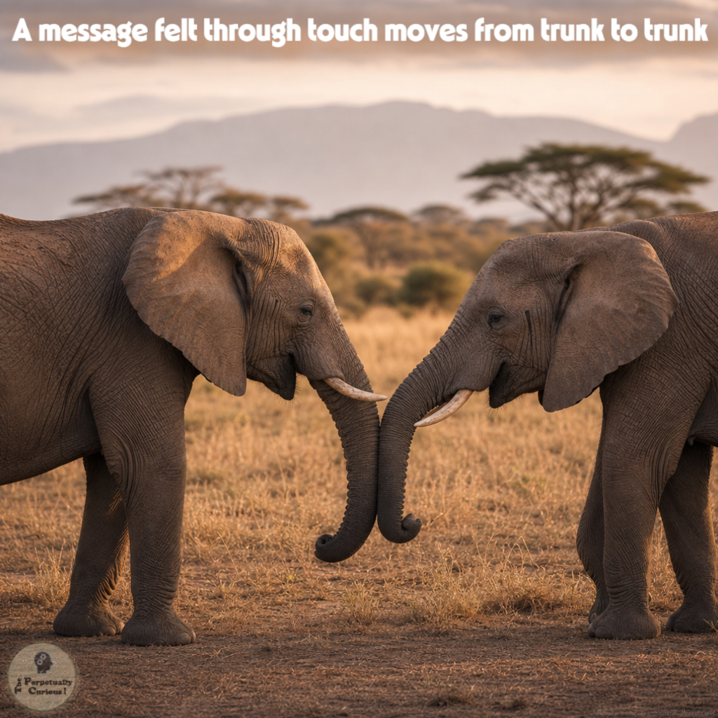 Naturalistic scene of two African elephants facing each other in dry savanna grass, with their trunks touching and visible text reading, “A message felt through touch moves from trunk to trunk."