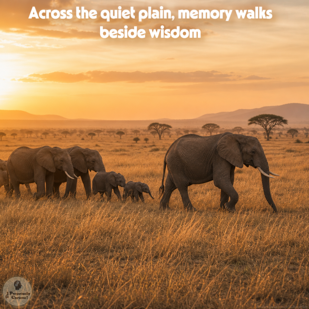 Photorealistic view of an African elephant family crossing golden savanna grass at sunset, with calves moving between adults and visible text reading, “Across the quiet plain, memory walks beside wisdom.”