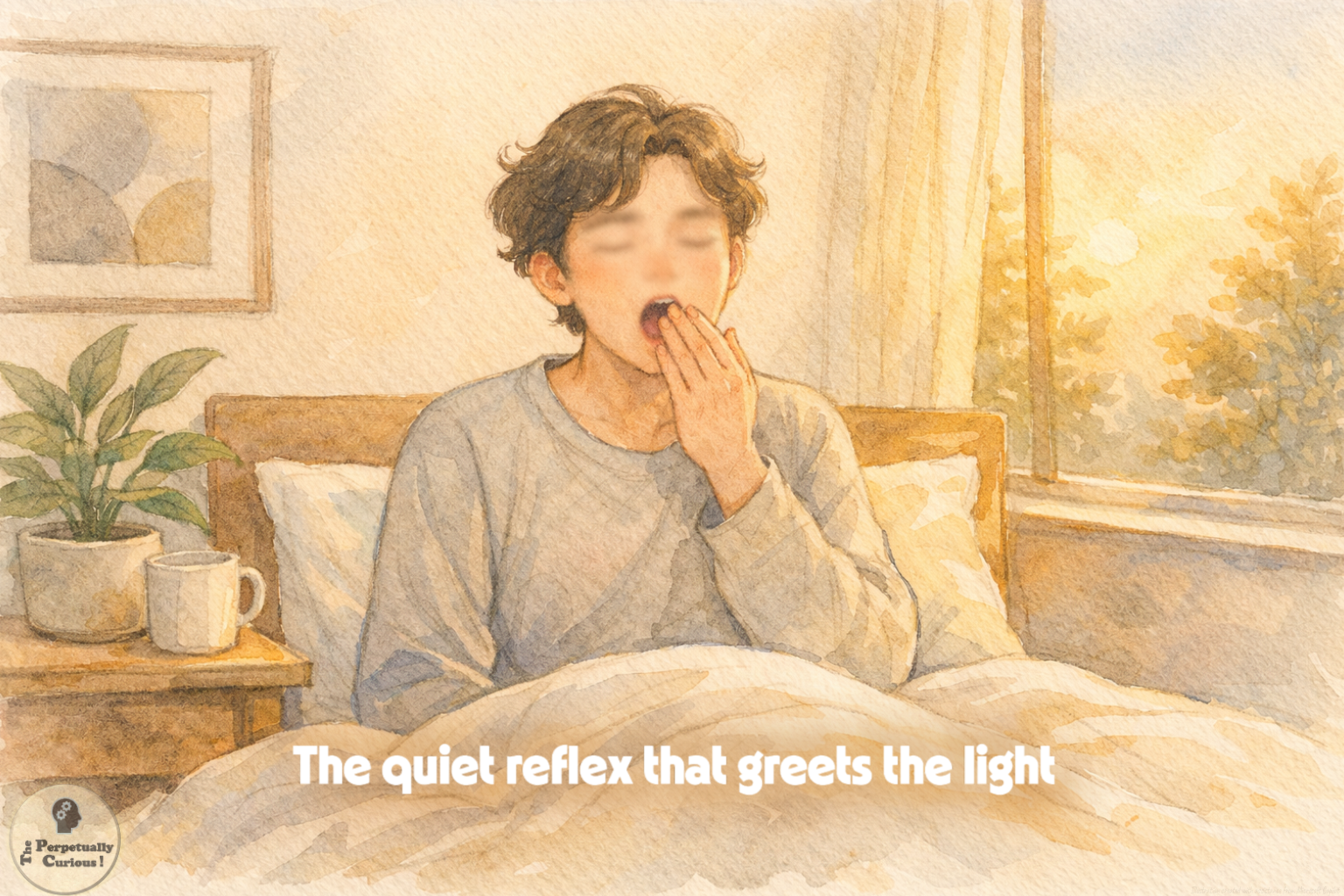 Editorial illustration of a de-identified person yawning in bed as warm morning light enters a quiet bedroom.