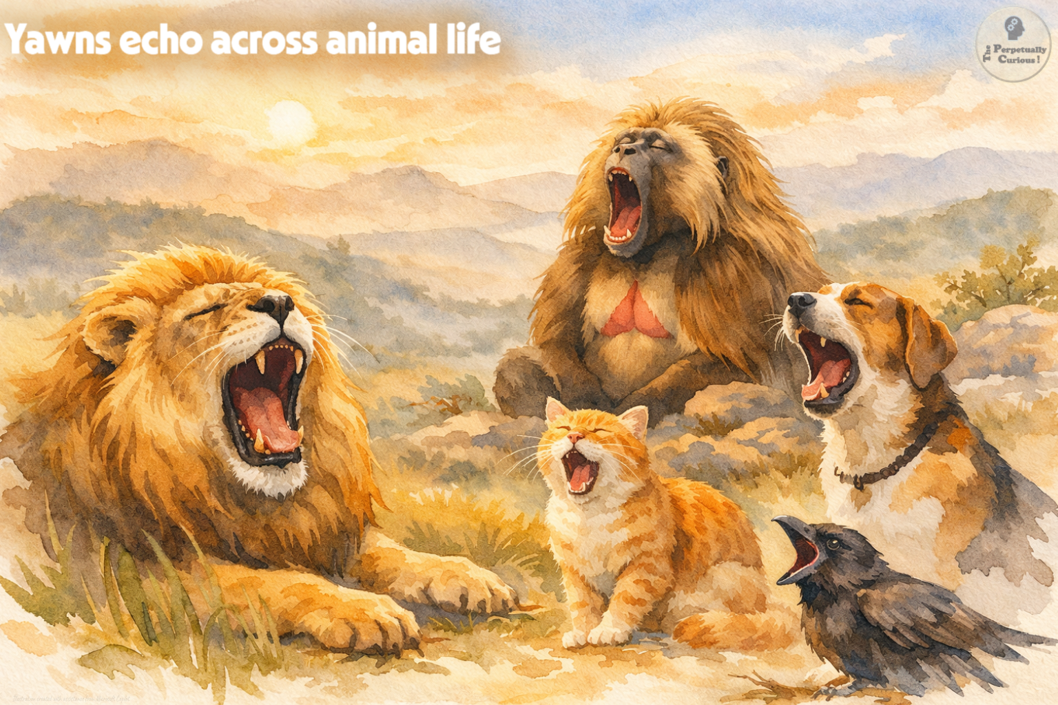 Wildlife illustration of several animals, including a primate, lion, dog, cat, and bird, with open-mouth postures in a warm landscape.