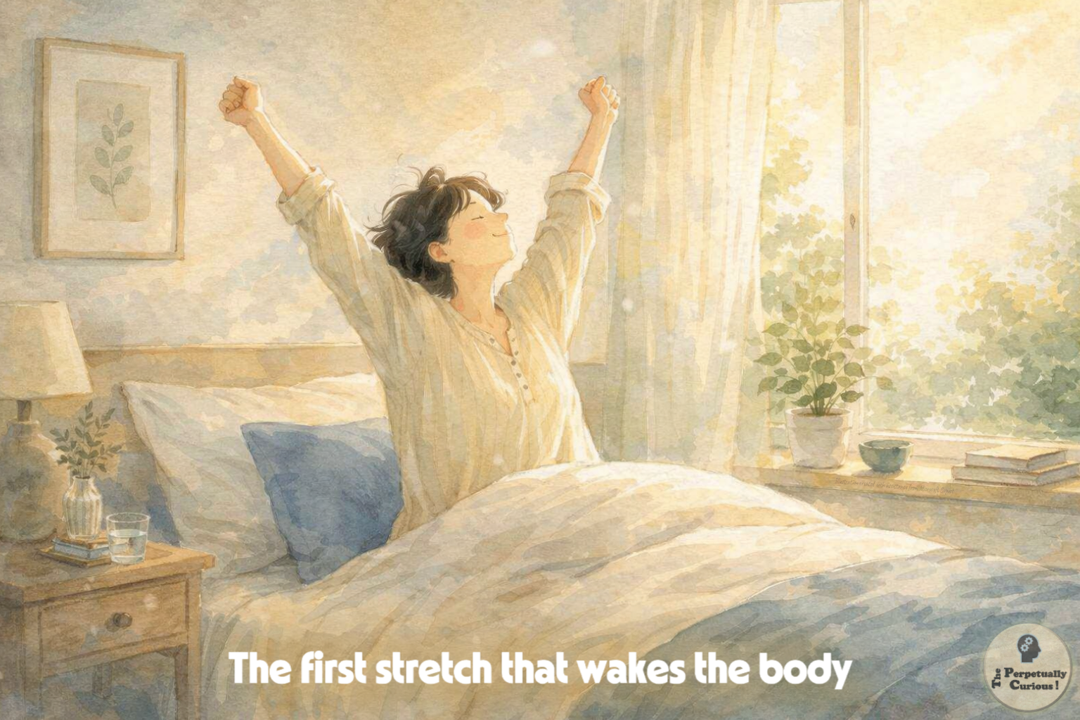 Illustration of a human sitting in bed in soft morning light, stretching instinctively after waking, with loose bedding and a calm bedroom setting.
