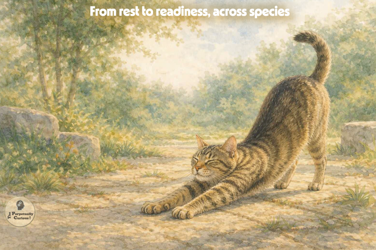 Rendering of a tabby cat stretching forward on a sunlit garden path, with extended forelegs, raised hindquarters, and relaxed posture.