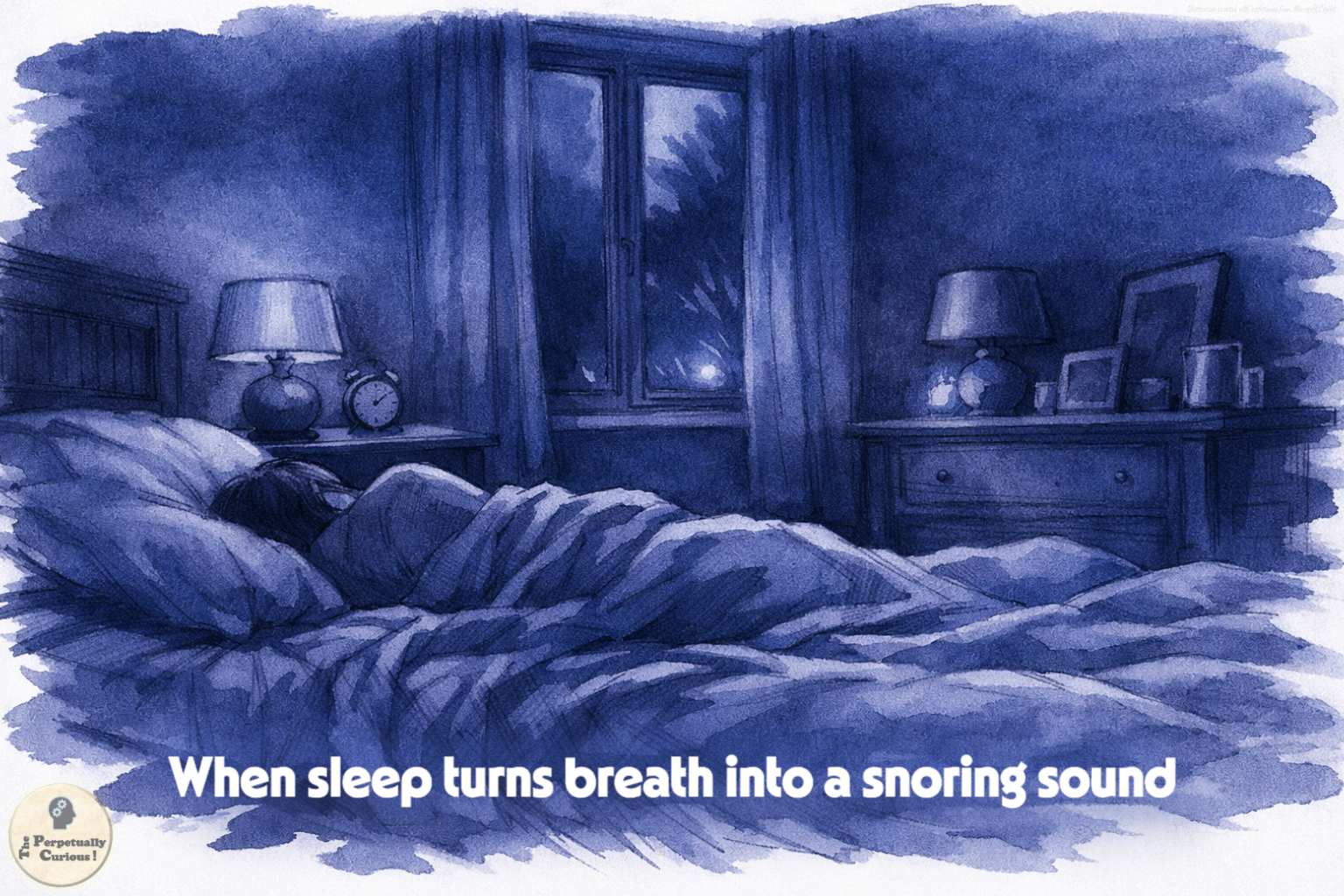 Illustration of an indigo bedroom at night with an anonymous sleeping figure under blankets, suggesting the quiet setting where snoring may be noticed during sleep.