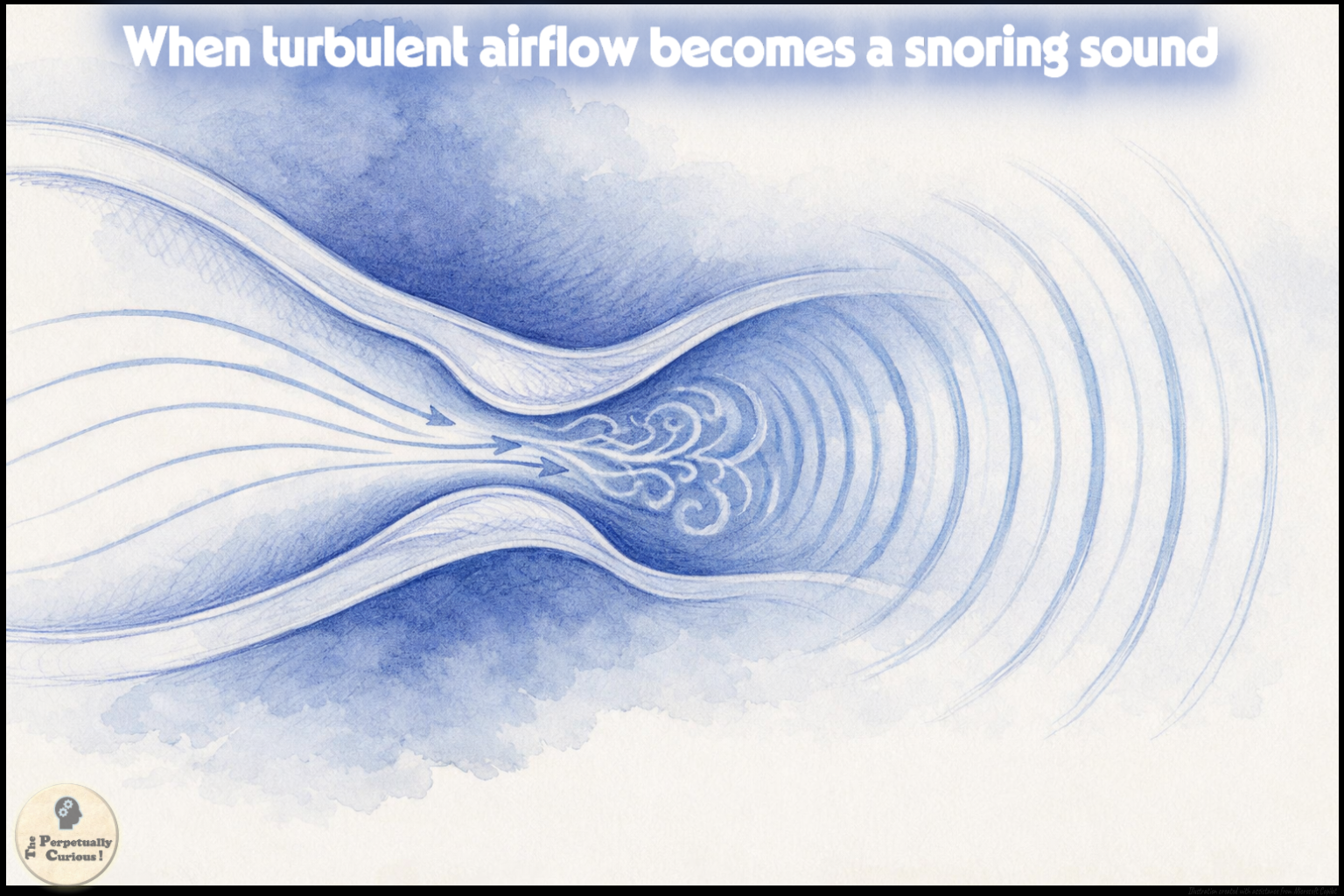 Rendering of airflow lines narrowing into turbulence and spreading outward as sound-wave patterns, illustrating the acoustic process behind snoring.