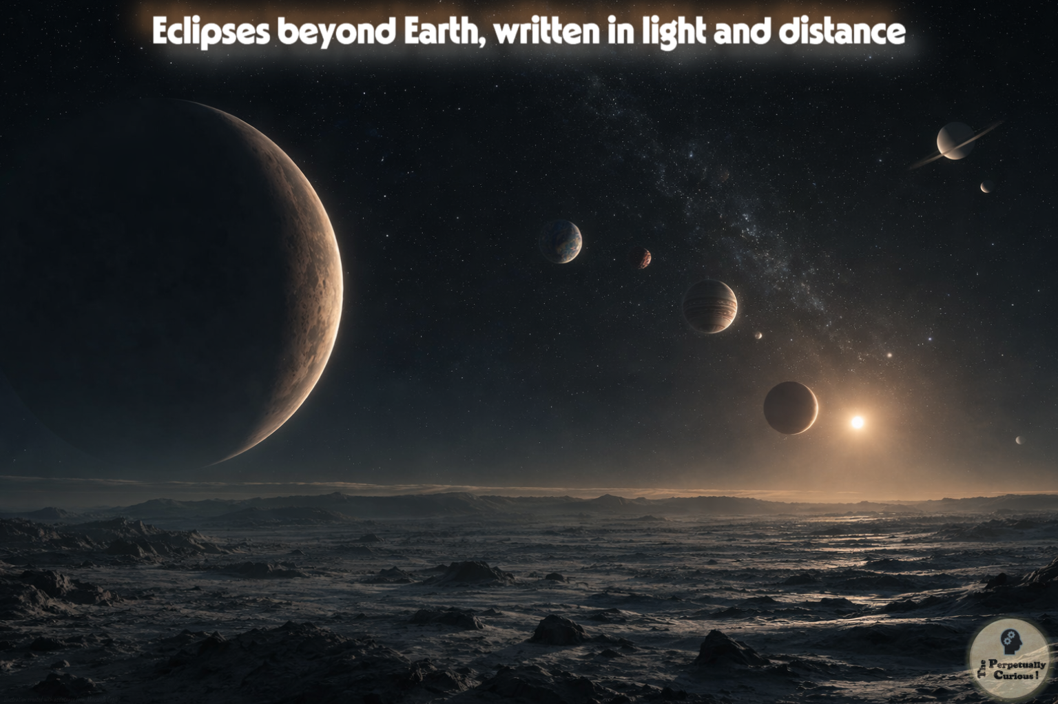 Rendering of several planets suspended above a rocky horizon, illuminated by distant sunlight in a quiet, star‑filled sky, evoking the vast scale and stillness of the outer Solar System.