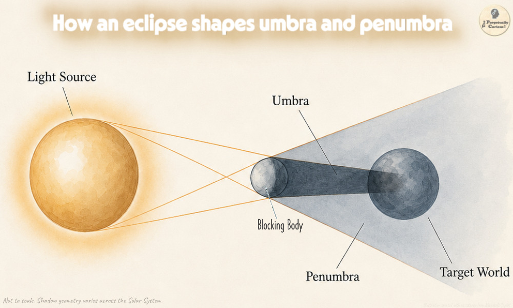 Illustration of eclipse shadow geometry showing a light source, blocking body, umbra, penumbra, and target world aligned along a tapering shadow path.