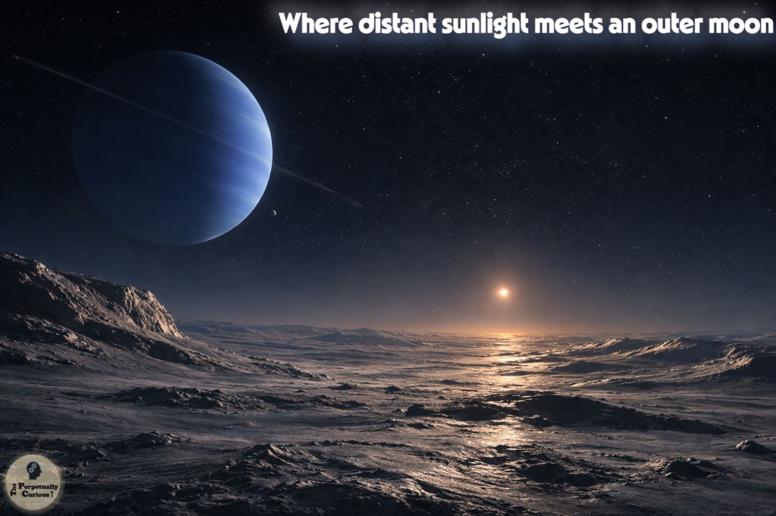 Illustration of a faint distant Sun over an icy outer-moon horizon, with a large blue ice giant in the sky above the frozen terrain.