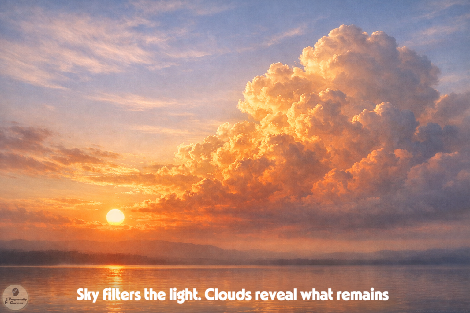 Photorealistic view of glowing sunset clouds above a calm horizon, with warm orange light near the Sun and cooler blue tones higher in the sky.
