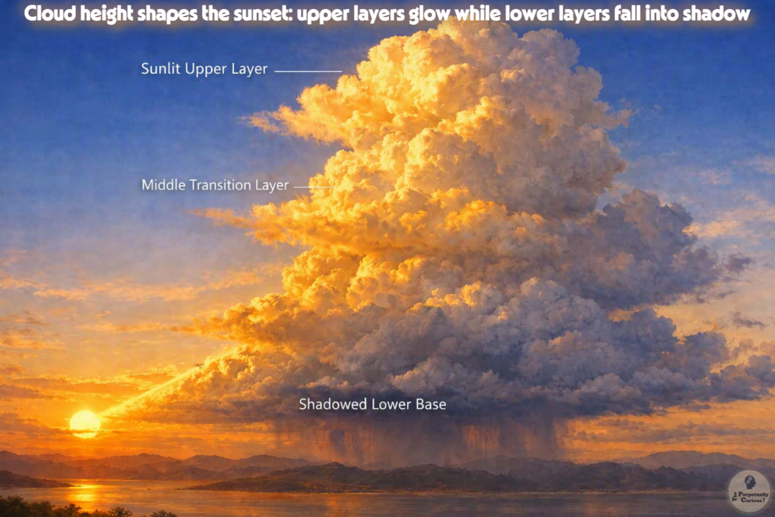Rendering of a towering sunset cloud with a sunlit upper layer, a middle transition layer, and a shadowed lower base above the horizon.