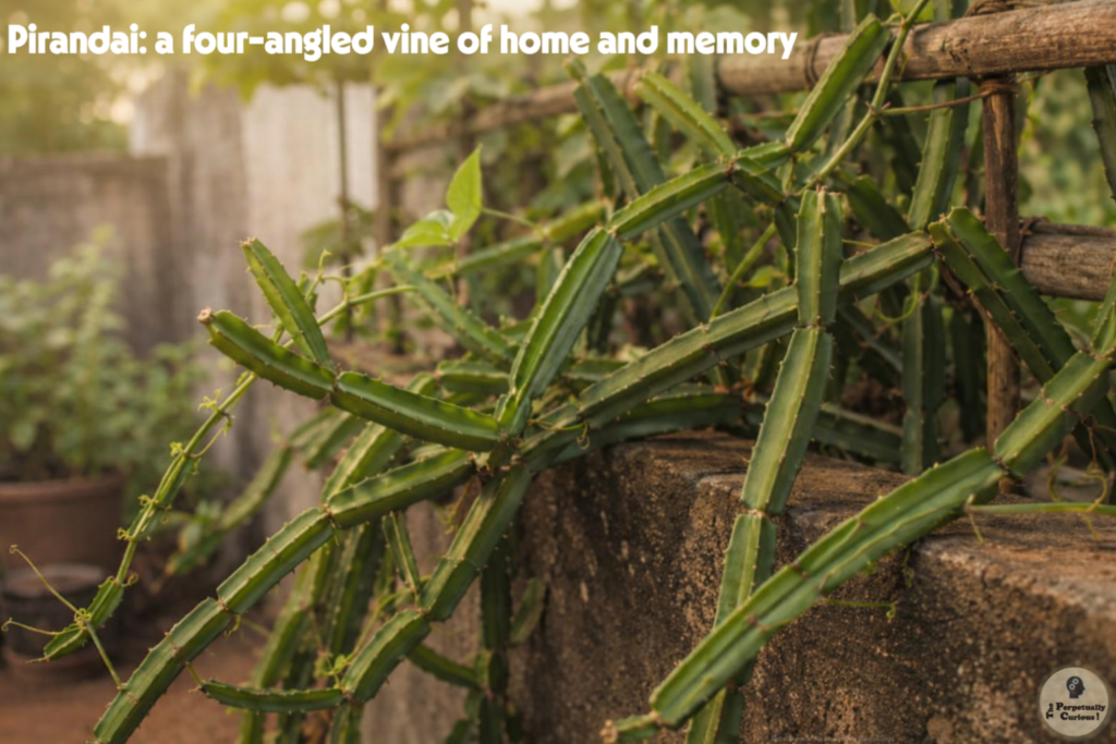 Photorealistic view of pirandai, Cissus quadrangularis, climbing along a rustic home garden fence with four-angled succulent stems, tendrils, and warm garden light.