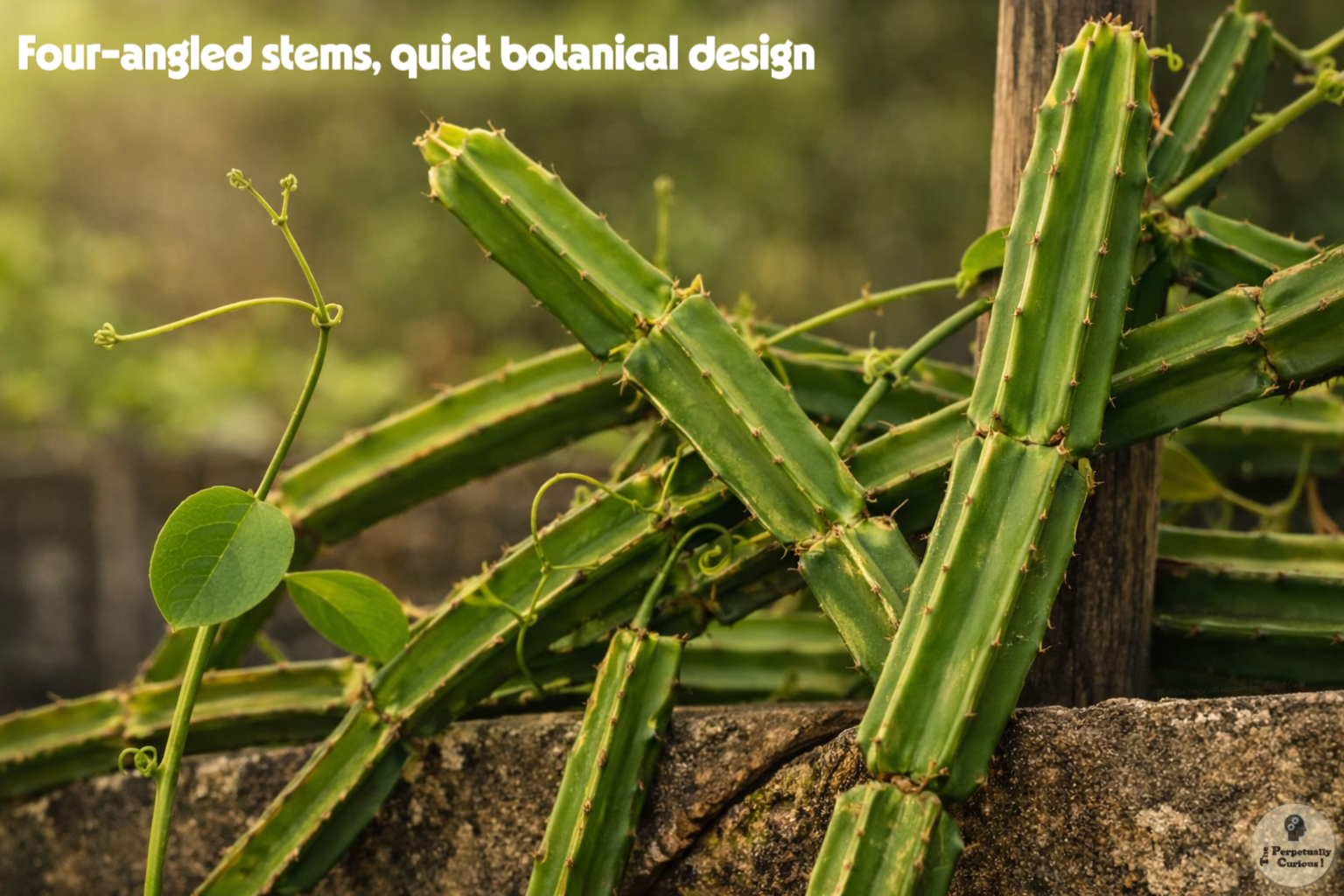 Botanical close-up of pirandai, Cissus quadrangularis, showing four-angled succulent stems, raised ridges, nodes, tendrils, and a rustic garden support.