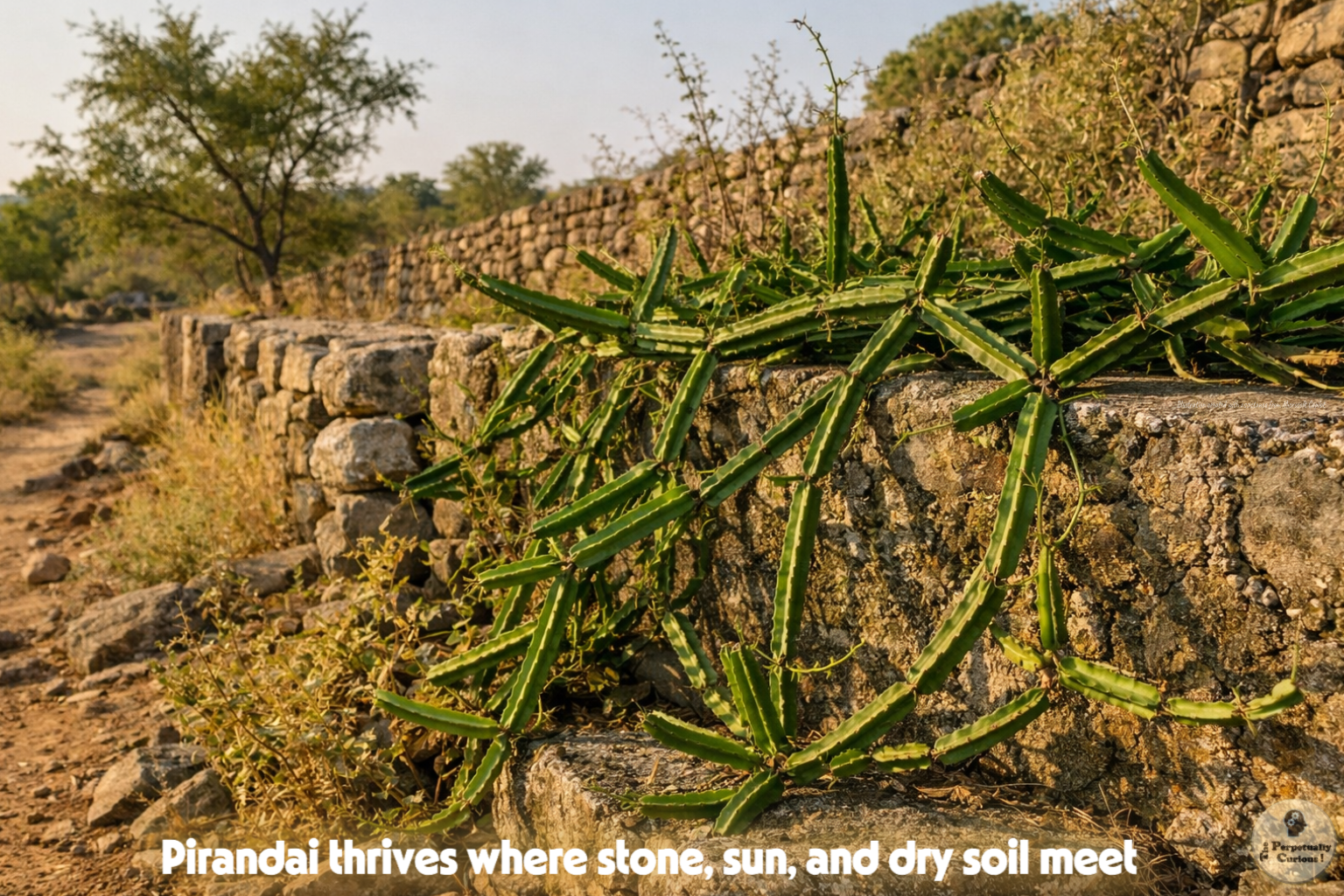 Ecological rendering of pirandai, Cissus quadrangularis, growing along a rocky boundary wall in a dry semi-arid landscape with sparse vegetation and sunlit stones.
