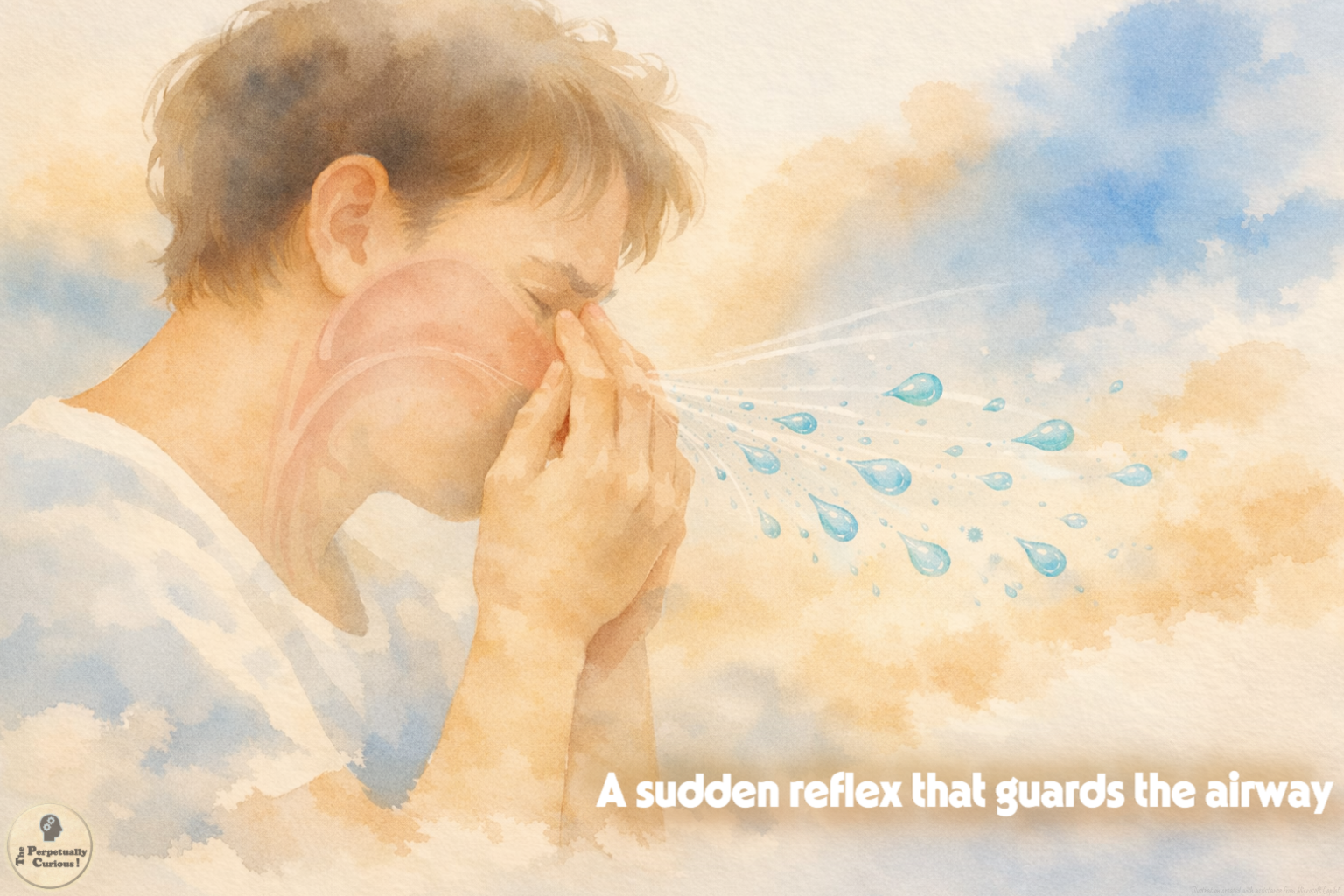 Watercolor illustration of a person covering a sneeze, with subtle nasal airway anatomy and blue droplets showing the protective reflex.