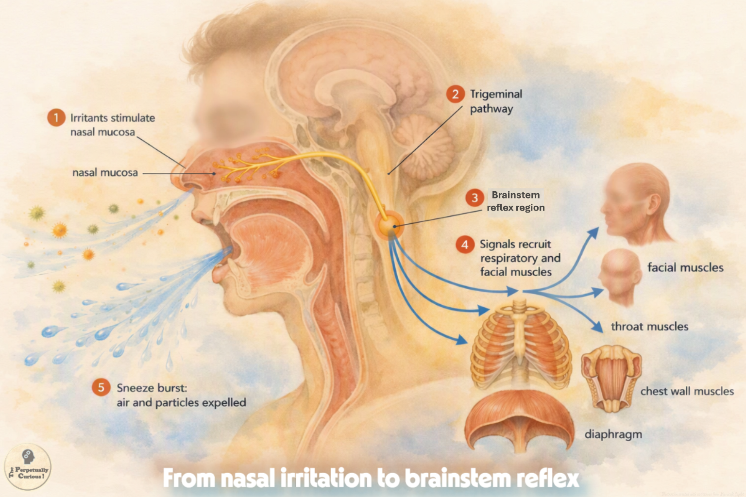 Anatomical diagram showing irritants stimulating the nasal mucosa, trigeminal pathway signals, a brainstem reflex region, and muscle recruitment.
