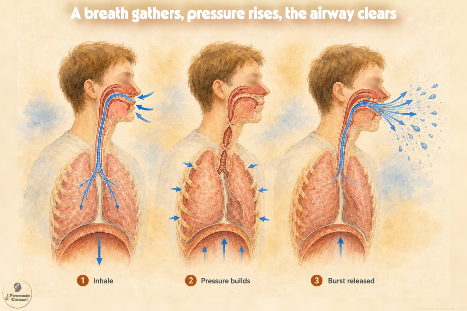 Mechanism rendering showing three stages of a sneeze: inhalation, pressure buildup, and burst release through the upper airway.