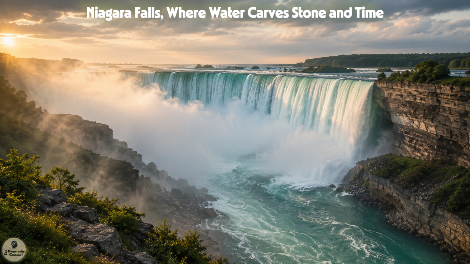 Photorealistic view of Niagara Falls with broad falling water, rising mist, layered rock, and warm light over the gorge.