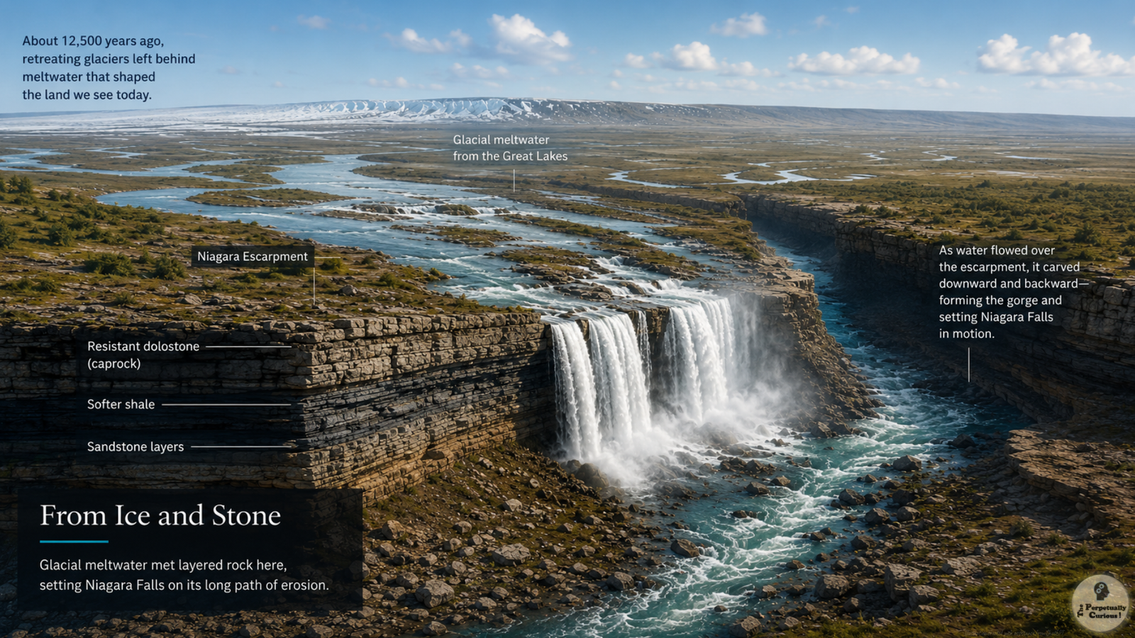 Illustration of glacial meltwater flowing over a layered rock escarpment as an early gorge begins to form.