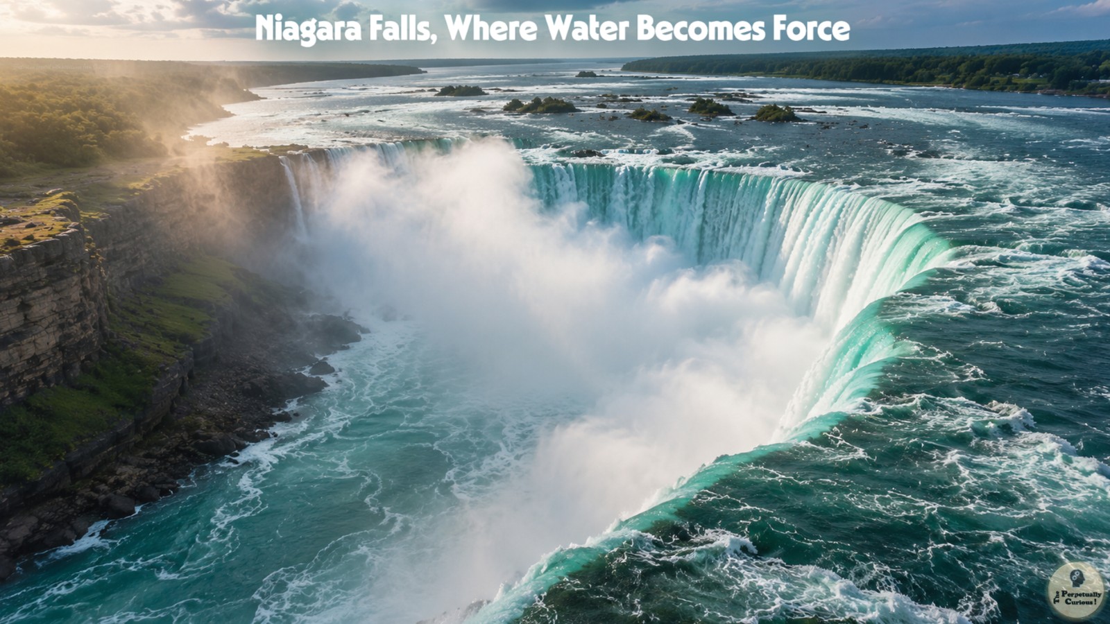 Panoramic rendering of powerful water descending over a broad Horseshoe Falls crest with mist rising from the lower river.