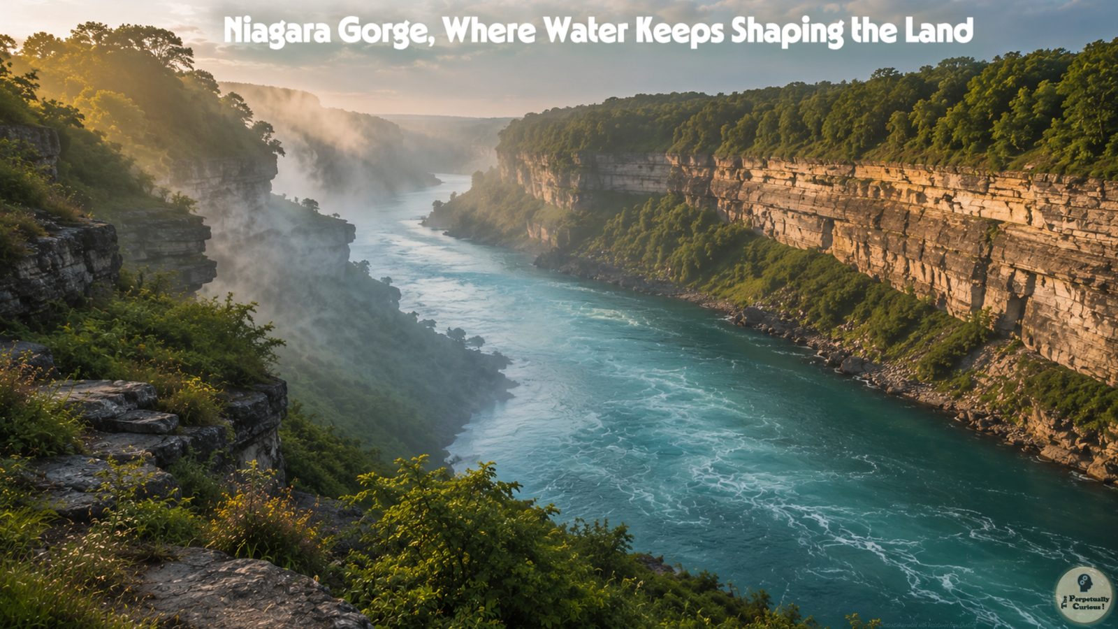 Digital rendering of the Niagara Gorge with steep rock walls, vegetation, mist, and warm light over the river corridor.