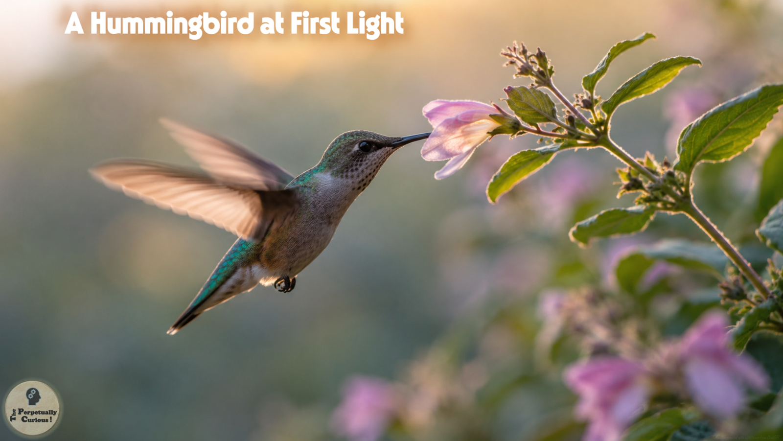 Photorealistic view of a hummingbird hovering near a flower in soft morning light, with wings blurred and body held still.