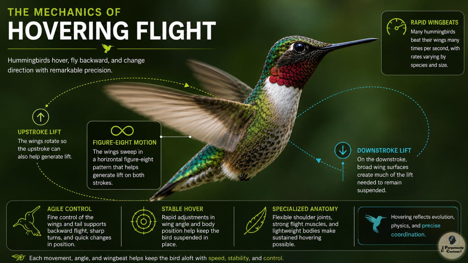 Educational infographic rendering of a hummingbird in hovering flight, with labeled wing motion, lift on both strokes, rapid wingbeats, stable hover, agile control, and specialized anatomy.