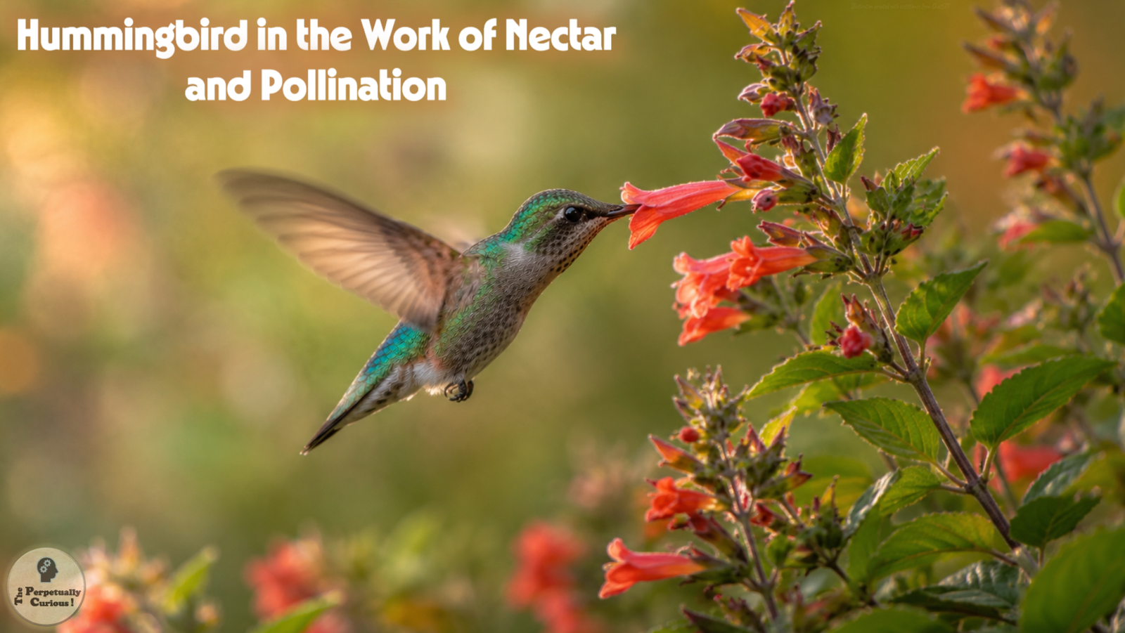 Ecological close-up rendering of a hummingbird feeding from red-orange tubular flowers, showing nectar feeding and the flower contact that supports pollination.
