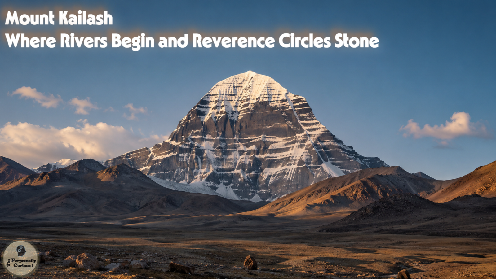 Photorealistic view of Mount Kailash rising above a barren high plateau, with snowfields, dark rock faces, open sky, and warm low-angle light.